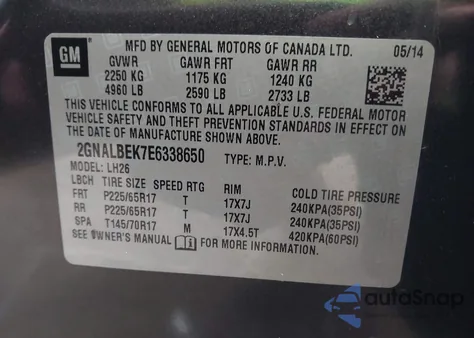 2014 Chevrolet Equinox 1Lt z USA, uszkodzony, nr VIN 2GNALBEK7E6338650
